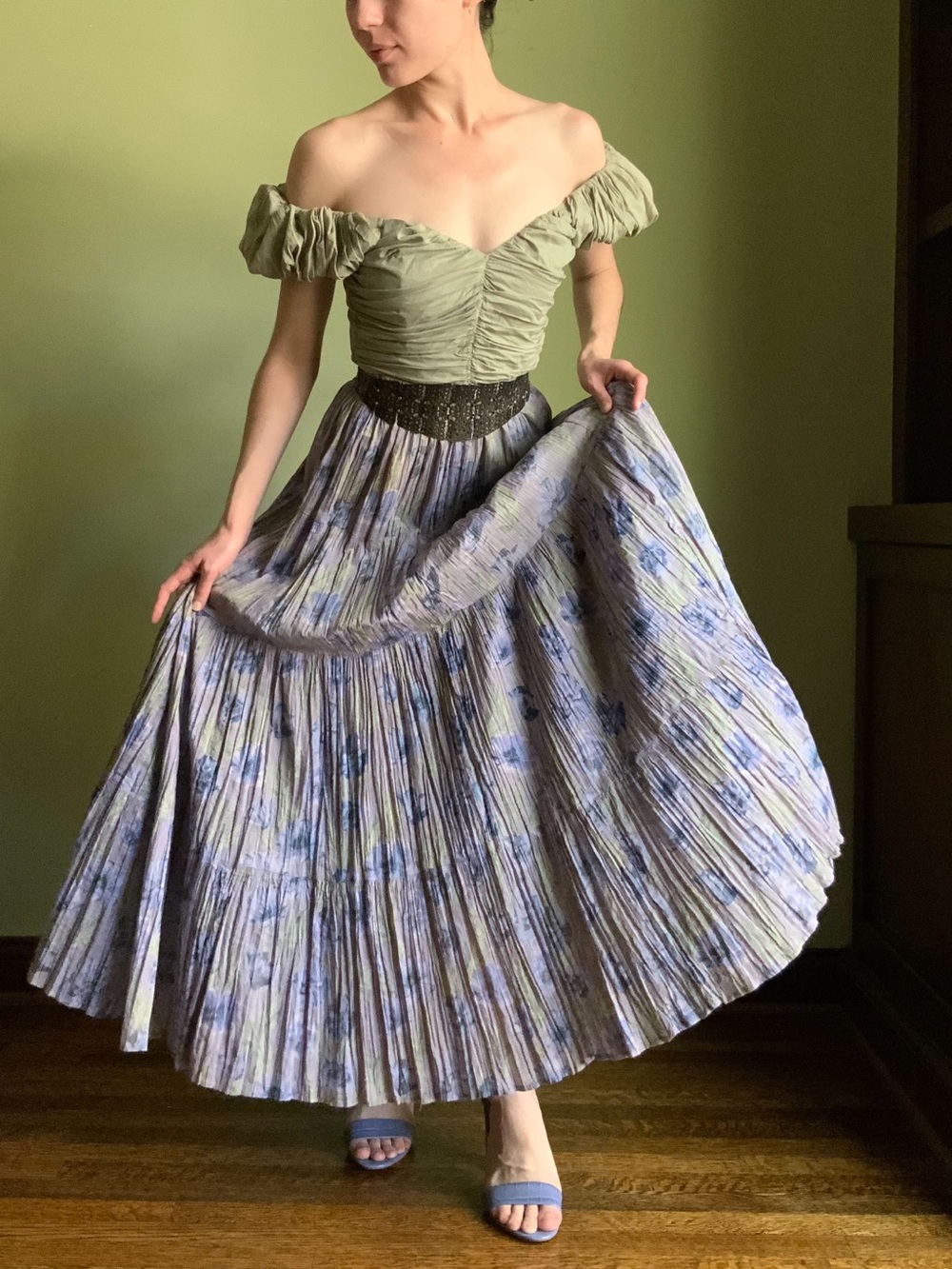 Vintage Floral Sweep Skirt, Indian Cotton Crinkle Maxi Skirt, Pastel Blue